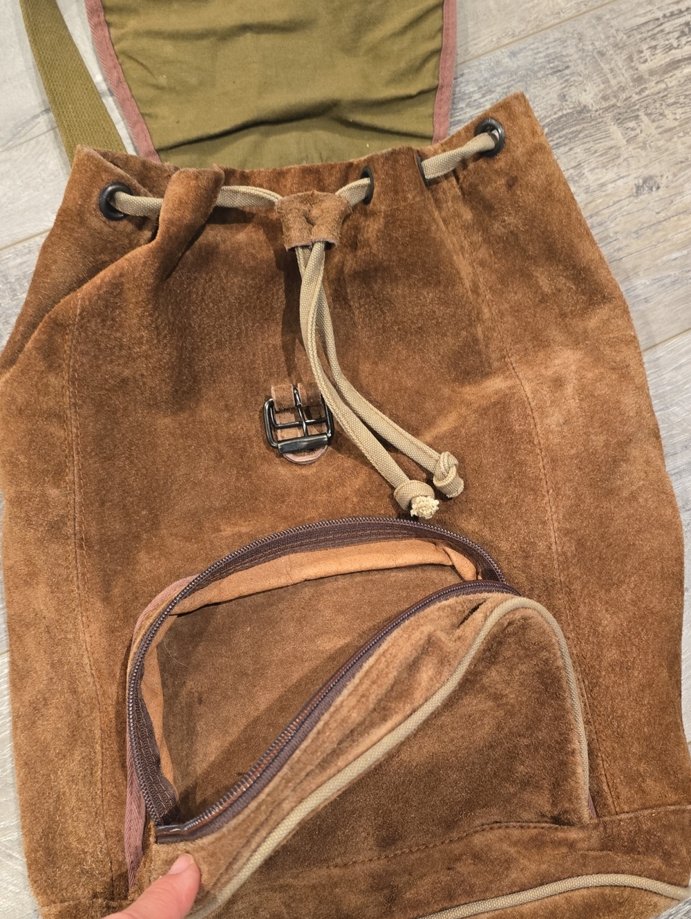 Suede Brown Drawstring Backpack - Picture 2 of 3